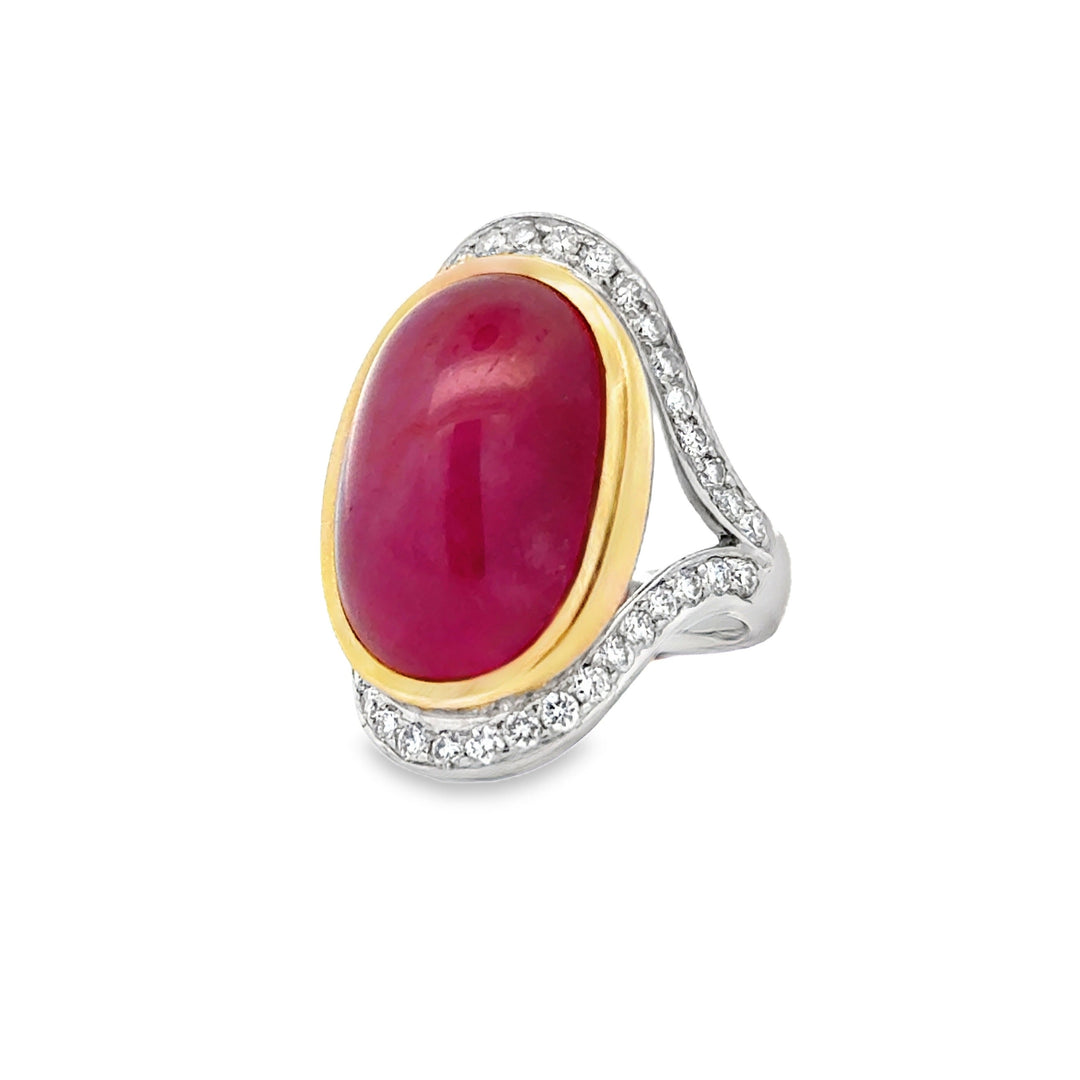 MidCentury Modern 27.36ct GIA Report No Heat Star Ruby and Diamond Platinum/18k Yellow Gold Ring