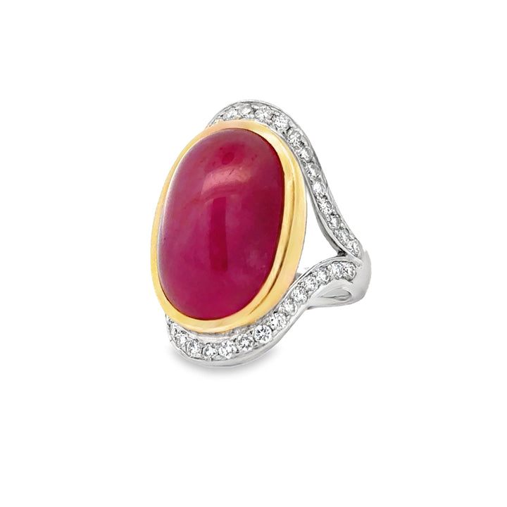 MidCentury Modern 27.36ct GIA Report No Heat Star Ruby and Diamond Platinum/18k Yellow Gold Ring