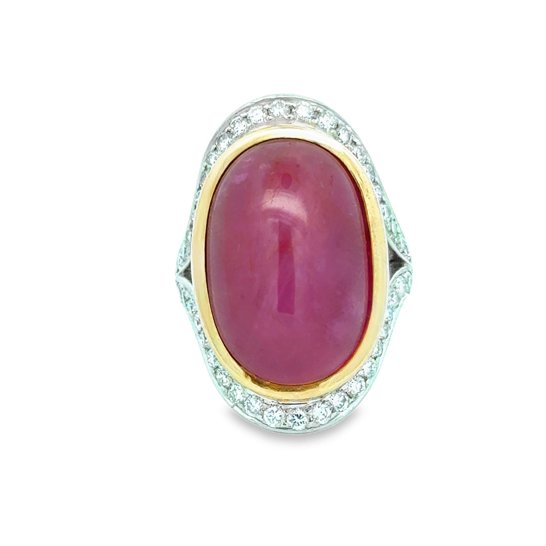 MidCentury Modern 27.36ct GIA Report No Heat Star Ruby and Diamond Platinum/18k Yellow Gold Ring