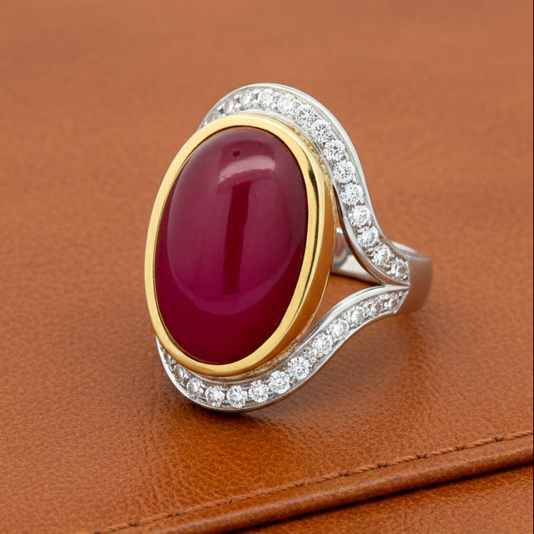 MidCentury Modern 27.36ct GIA Report No Heat Star Ruby and Diamond Platinum/18k Yellow Gold Ring