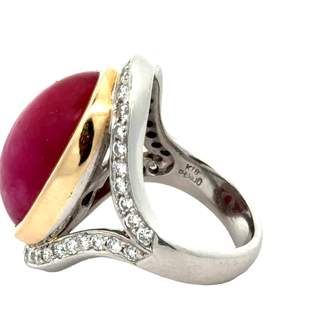 MidCentury Modern 27.36ct GIA Report No Heat Star Ruby and Diamond Platinum/18k Yellow Gold Ring