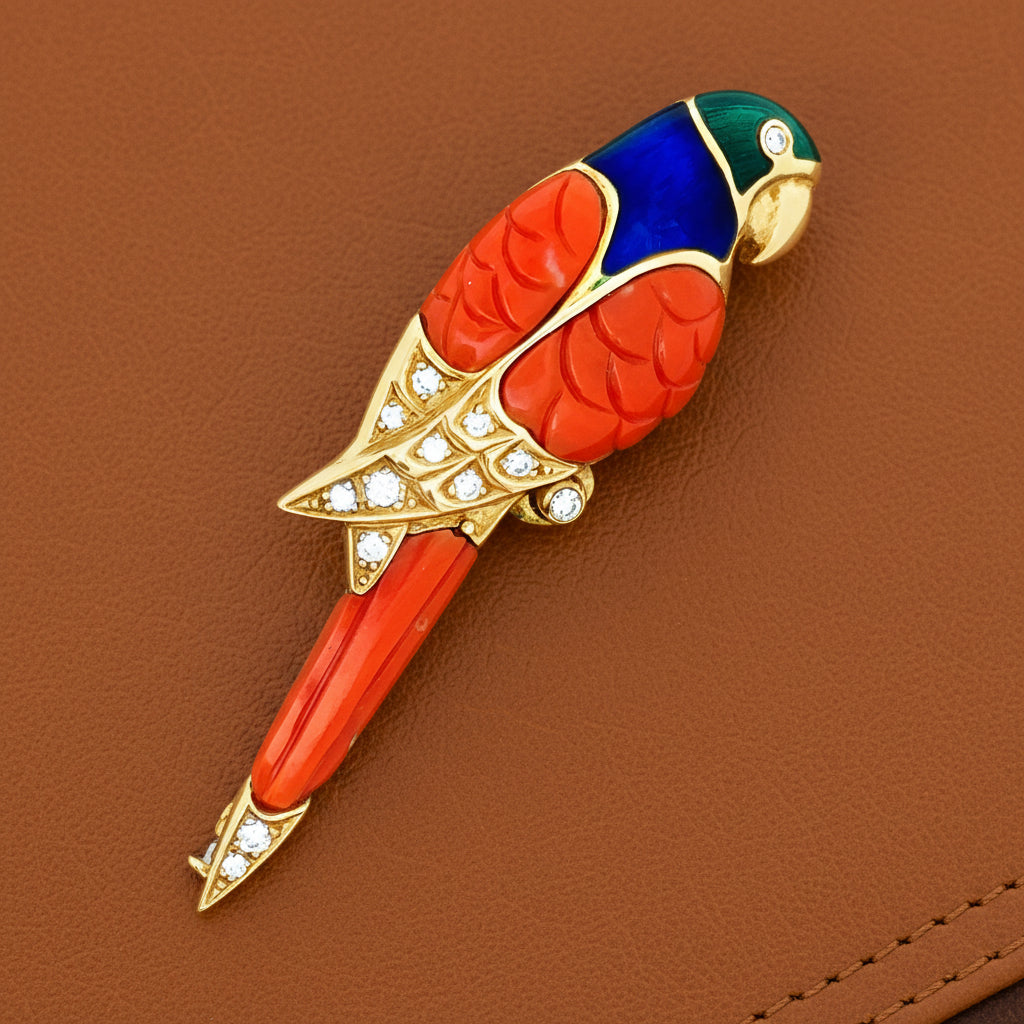 Signed Faberge Limited Edition #15 of 500 Diamond, Coral, and Enamel 18kt Yellow Gold Parrott Brooch