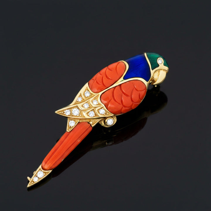 Signed Faberge Limited Edition #15 of 500 Diamond, Coral, and Enamel 18kt Yellow Gold Parrott Brooch