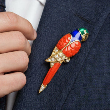 Signed Faberge Limited Edition #15 of 500 Diamond, Coral, and Enamel 18kt Yellow Gold Parrott Brooch