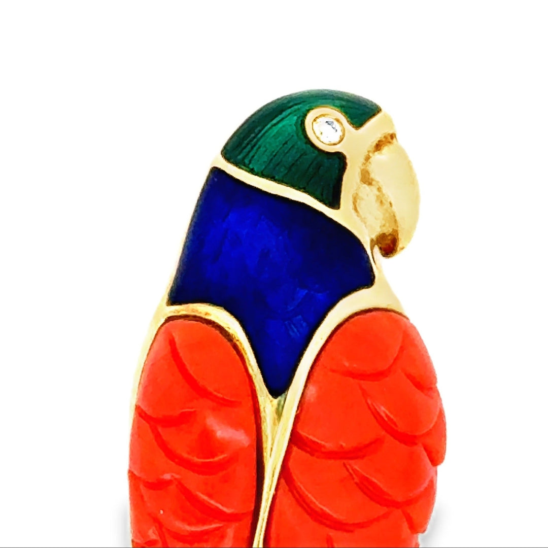 Signed Faberge Limited Edition #15 of 500 Diamond, Coral, and Enamel 18kt Yellow Gold Parrott Brooch