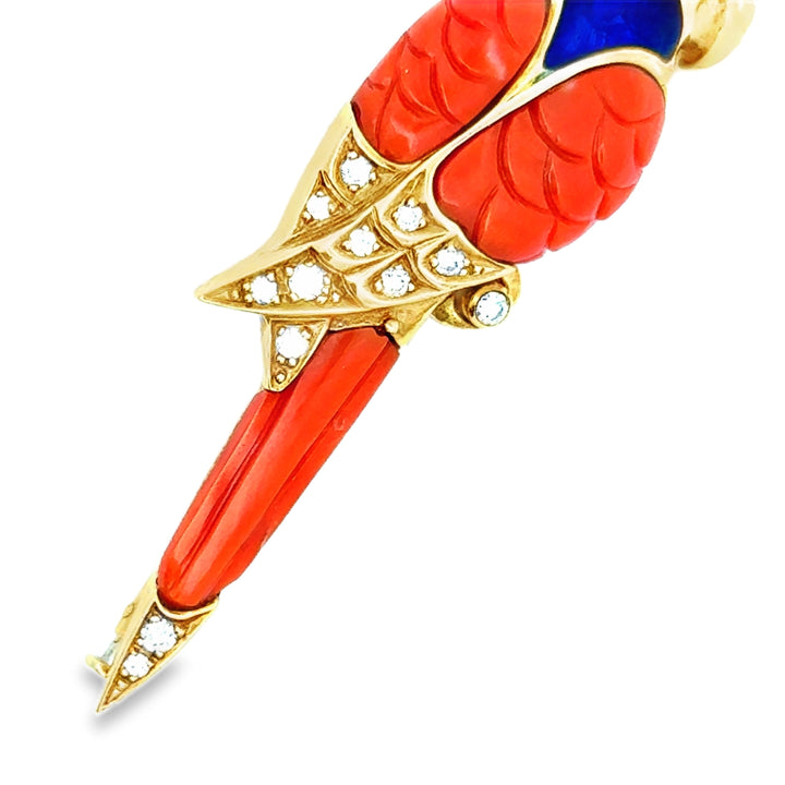 Signed Faberge Limited Edition #15 of 500 Diamond, Coral, and Enamel 18kt Yellow Gold Parrott Brooch