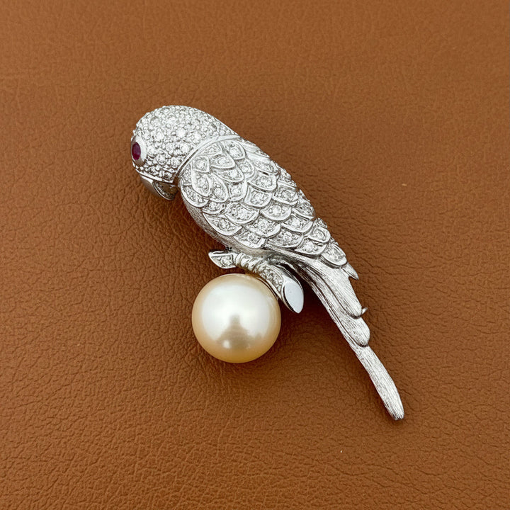 Modern Estate Diamond and South Sea Peal, Ruby 18Kt White Gold Parrot Brooch