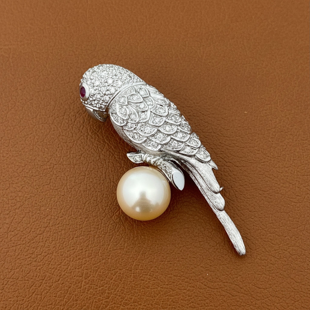 Modern Estate Diamond and South Sea Peal, Ruby 18Kt White Gold Parrot Brooch