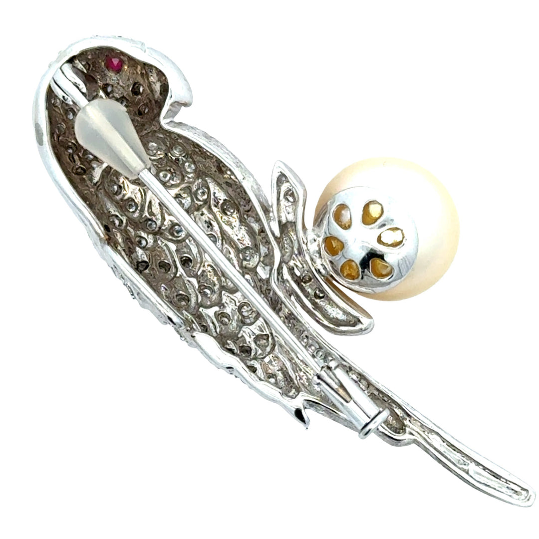 Modern Estate Diamond and South Sea Peal, Ruby 18Kt White Gold Parrot Brooch