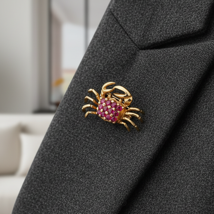 Modern Ruby Crab 14K Yellow Gold Brooch