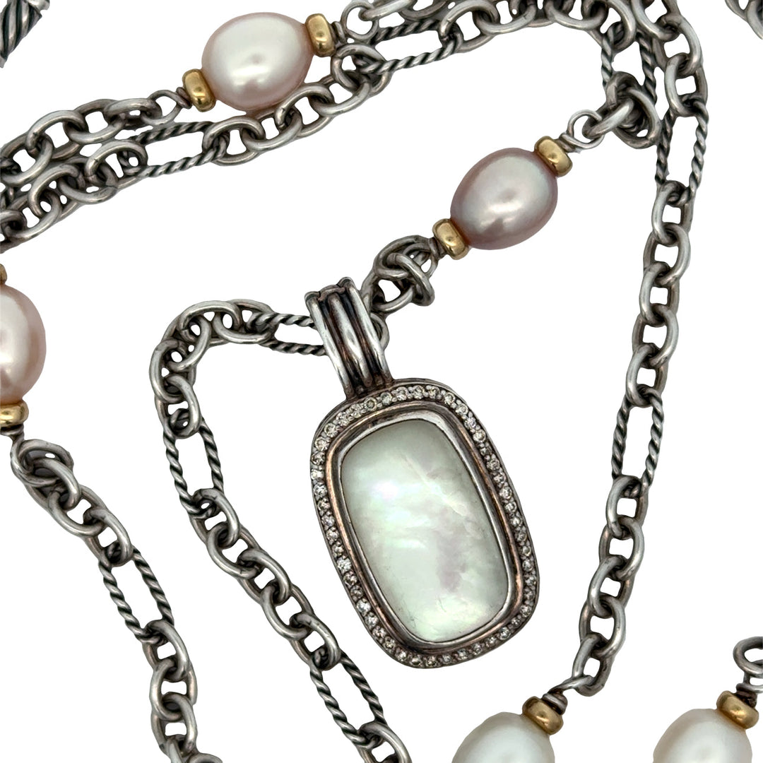 Estate David Yurman Silver 18Kt Yellow Gold Mother of Pearl and Freshwater Pearl 18" Necklace