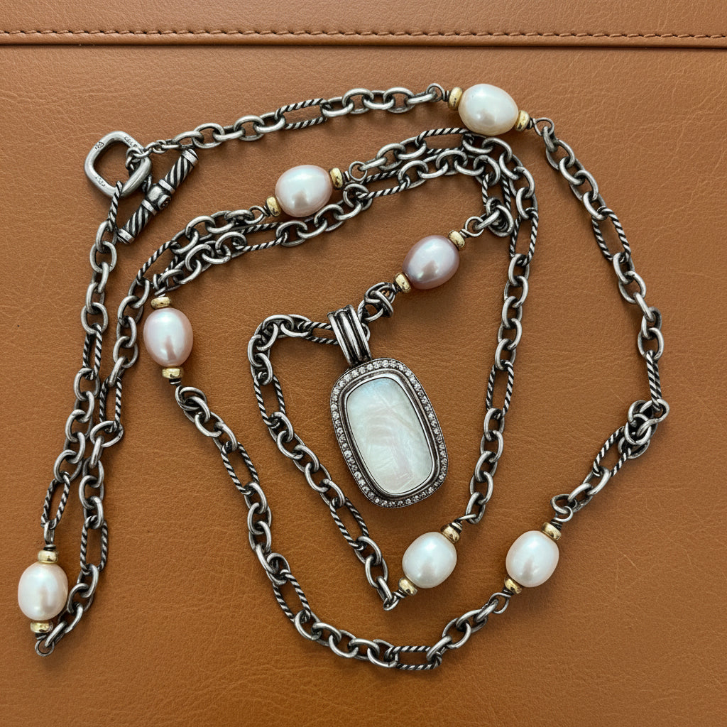 Estate David Yurman Silver 18Kt Yellow Gold Mother of Pearl and Freshwater Pearl 18" Necklace