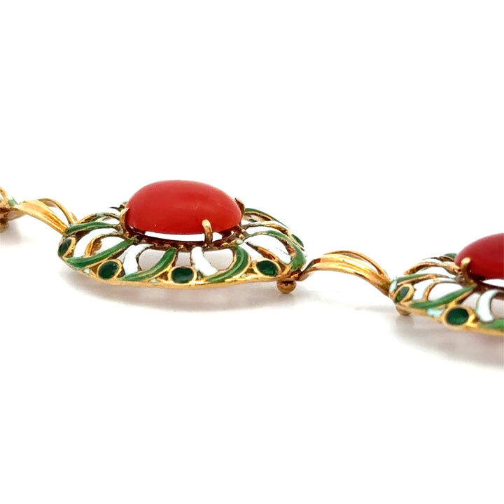 Italian 1960's Coral, Green & White Enamel 14kt/18kt Yellow Gold set