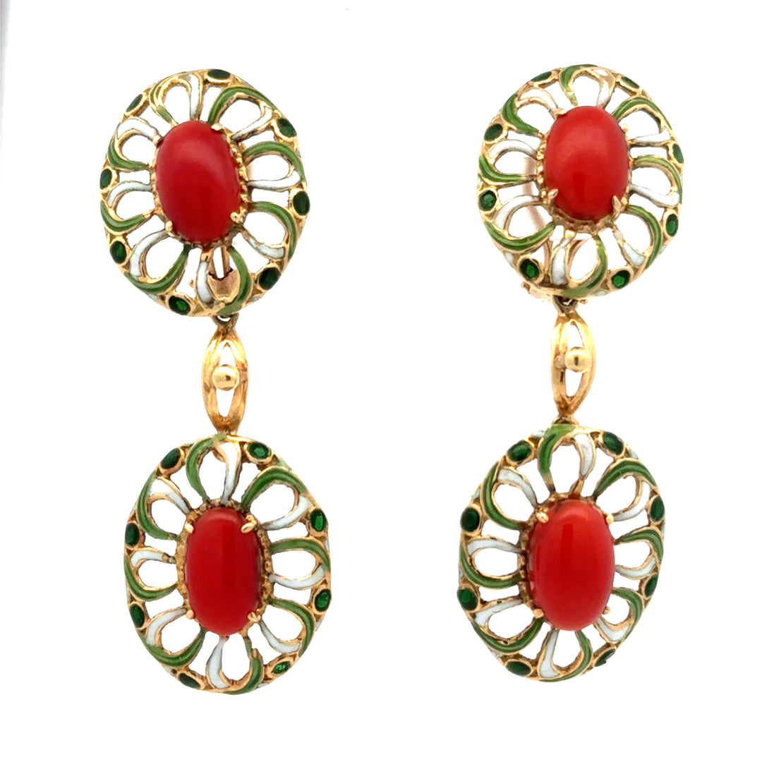 Italian 1960's Coral, Green & White Enamel 14kt/18kt Yellow Gold set