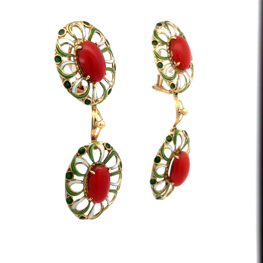 Italian 1960's Coral, Green & White Enamel 14kt/18kt Yellow Gold set