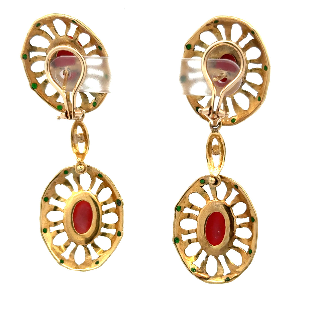 Italian 1960's Coral, Green & White Enamel 14kt/18kt Yellow Gold set
