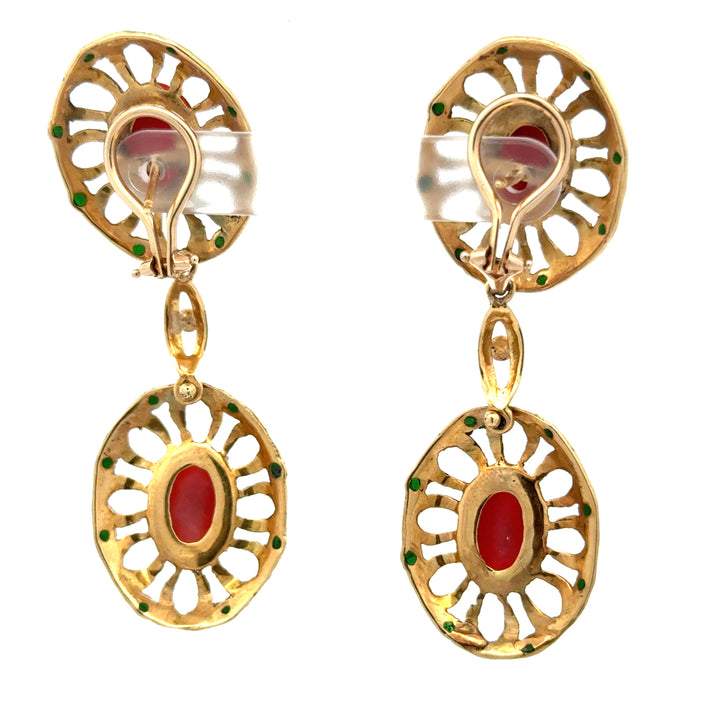 Italian 1960's Coral, Green & White Enamel 14kt/18kt Yellow Gold set