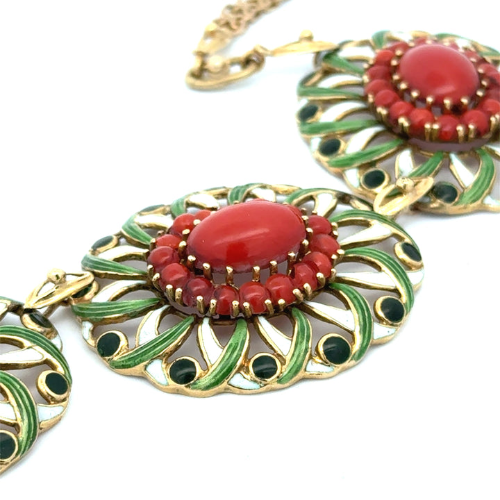 Italian 1960's Coral, Green & White Enamel 14kt/18kt Yellow Gold set