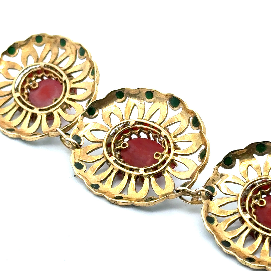 Italian 1960's Coral, Green & White Enamel 14kt/18kt Yellow Gold set