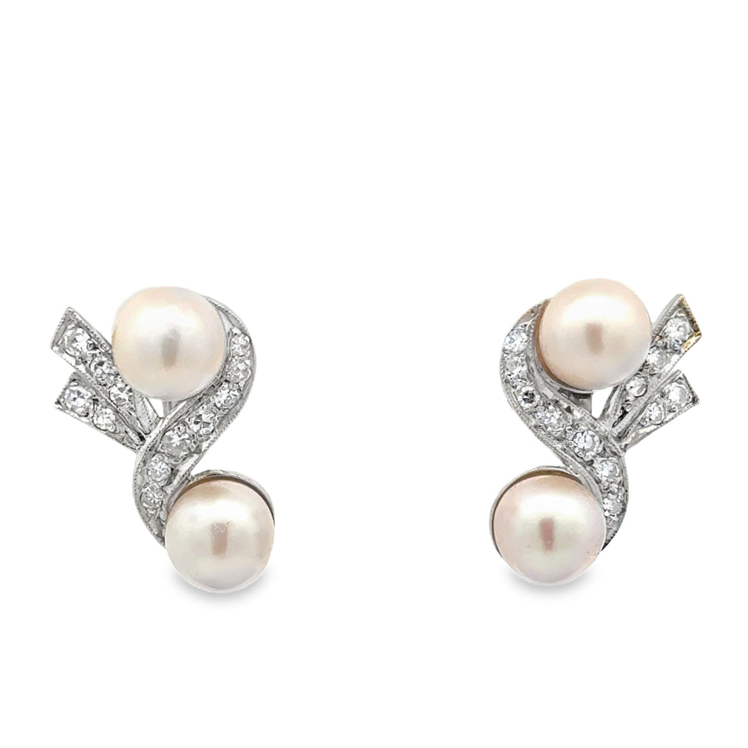Mid Century 1950's Cultured Pearl and Diamond Platinum Flower Earrings