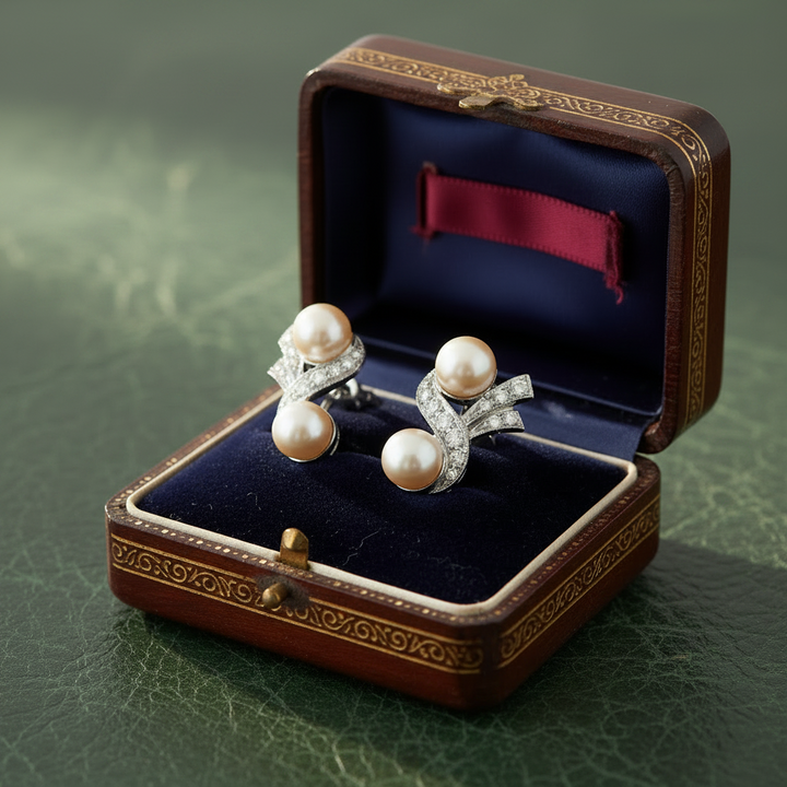 Mid Century 1950's Cultured Pearl and Diamond Platinum Flower Earrings