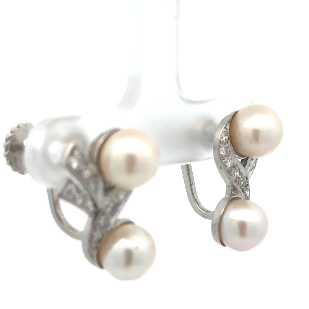 Mid Century 1950's Cultured Pearl and Diamond Platinum Flower Earrings