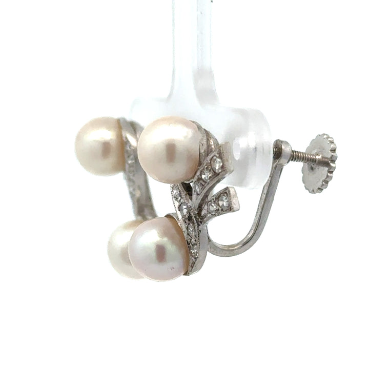 Mid Century 1950's Cultured Pearl and Diamond Platinum Flower Earrings