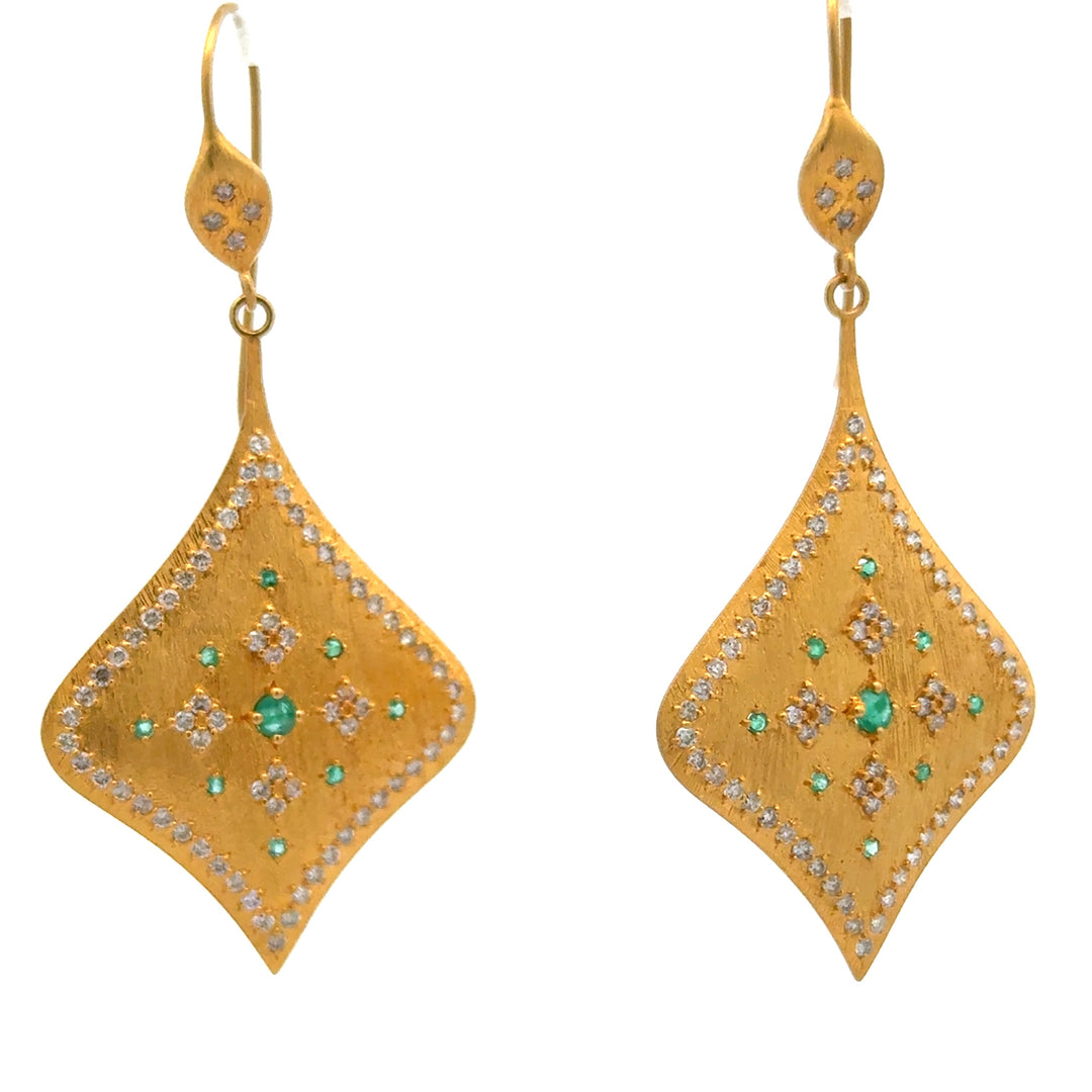 Italian Designer Diamond & Emerald 18Kt Yellow Gold Dangle Earring