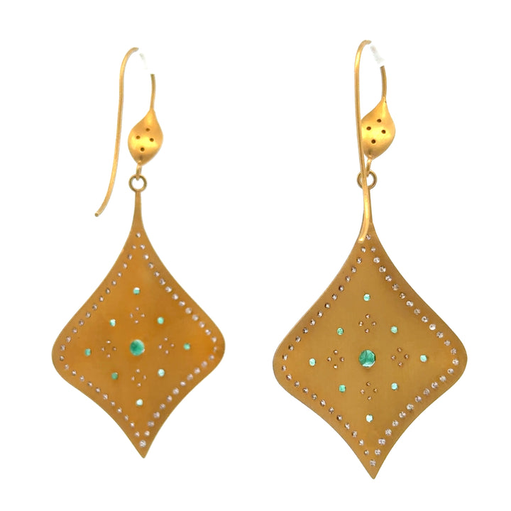 Italian Designer Diamond & Emerald 18Kt Yellow Gold Dangle Earring