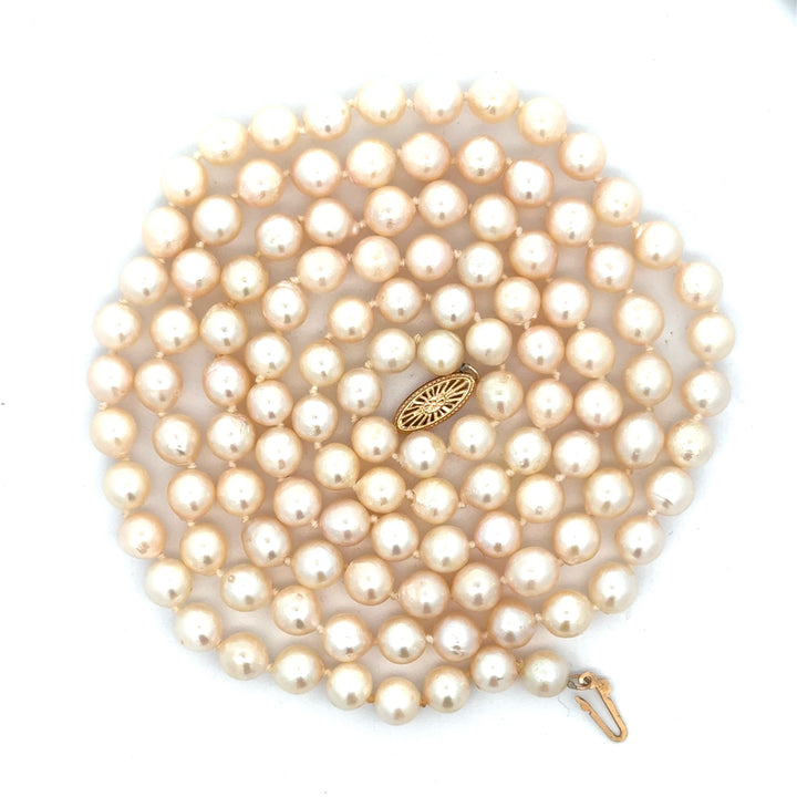 Modern 1990's Japanese Akoya Cultured Pearls 36" 14kt Yellow Gold Necklace