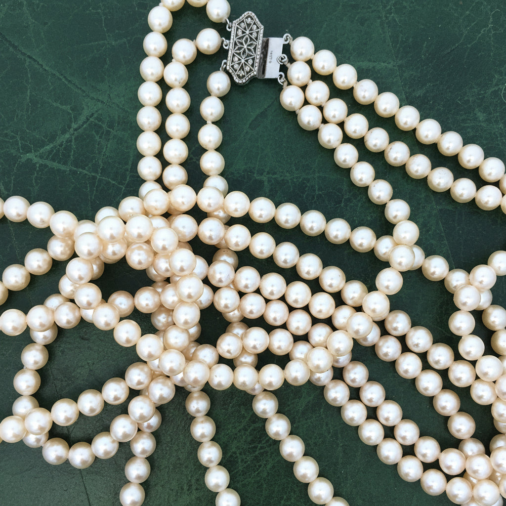 Modern 1960's Multi Strand Japanese Akoya Cultured Pearl 14k White Gold Necklace