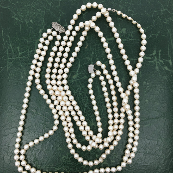 Modern 1960's Multi Strand Japanese Akoya Cultured Pearl 14k White Gold Necklace