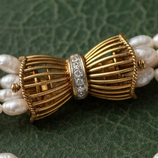 Modern Multi Strand Freshwater Pearl and Diamond 14kt Yellow & White Gold Necklace