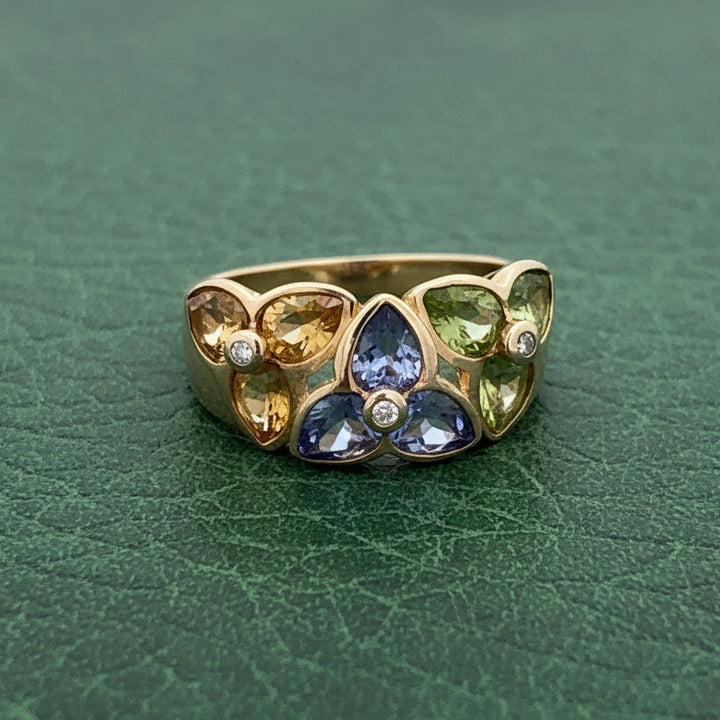 Modern Designer JCR Citrine, Peridot, Tanzanite and Diamond 14Kt Yellow Gold Ring.
