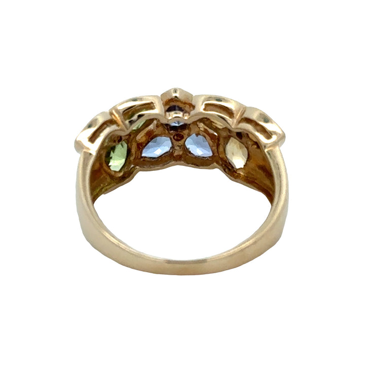Modern Designer JCR Citrine, Peridot, Tanzanite and Diamond 14Kt Yellow Gold Ring.
