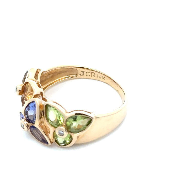 Modern Designer JCR Citrine, Peridot, Tanzanite and Diamond 14Kt Yellow Gold Ring.