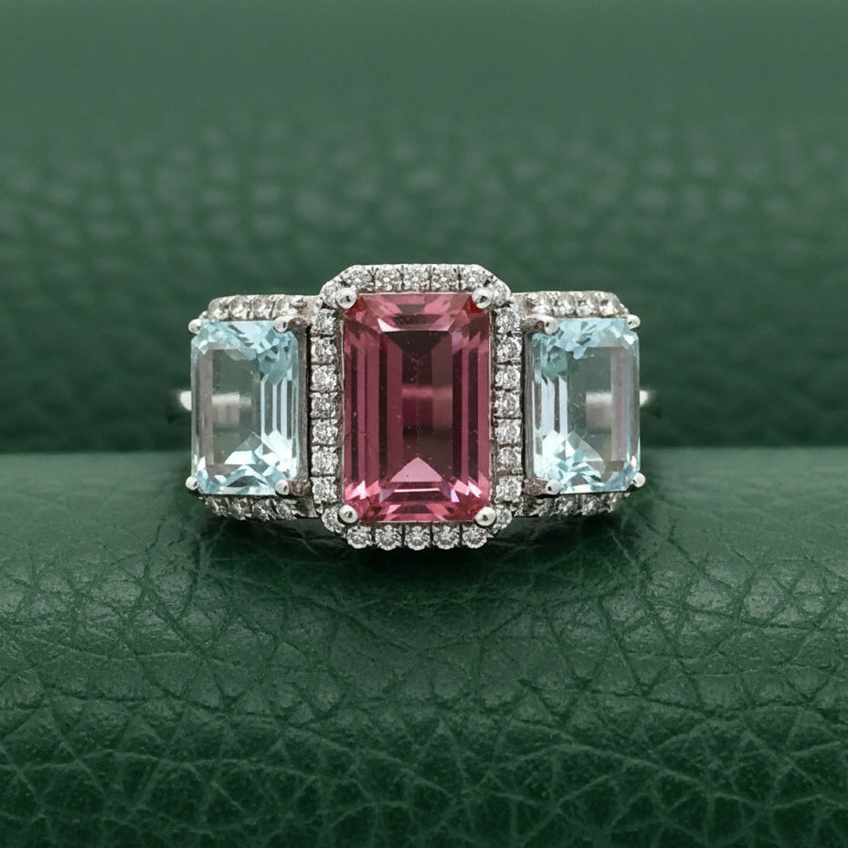 Modern Pink Tourmaline Aquamarine And Diamond 18kt White Gold Ring