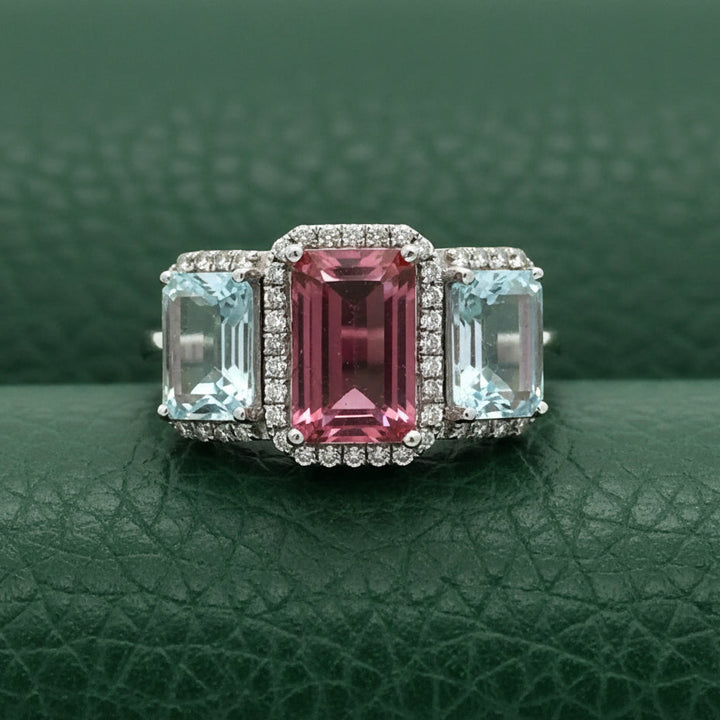 Modern Pink Tourmaline Aquamarine And Diamond 18kt White Gold Ring