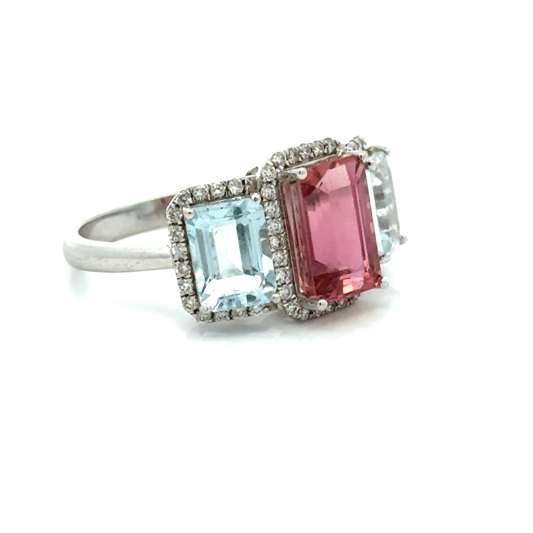 Modern Pink Tourmaline Aquamarine And Diamond 18kt White Gold Ring