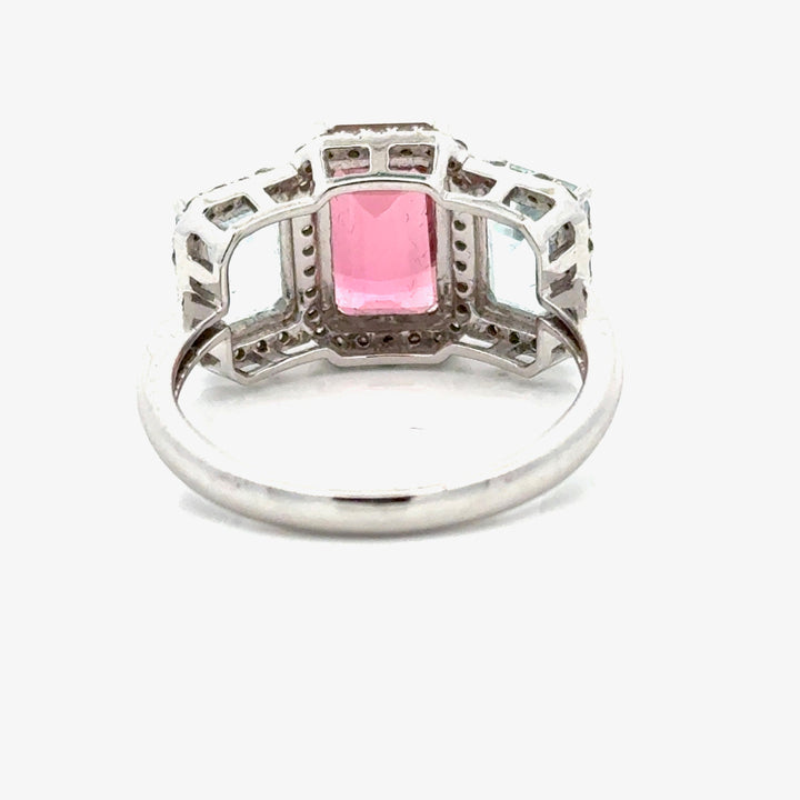 Modern Pink Tourmaline Aquamarine And Diamond 18kt White Gold Ring