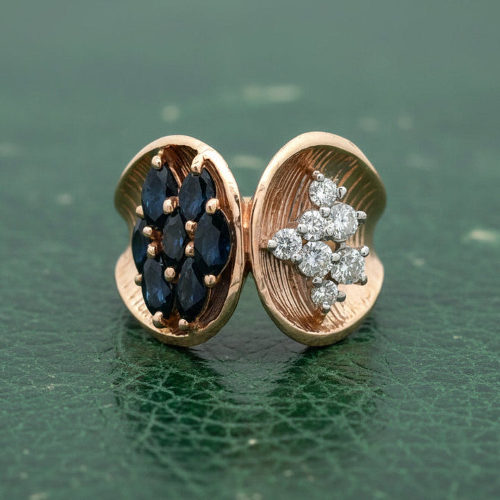 Modern 1960's Diamond and Sapphire 14kt Yellow Gold Ring