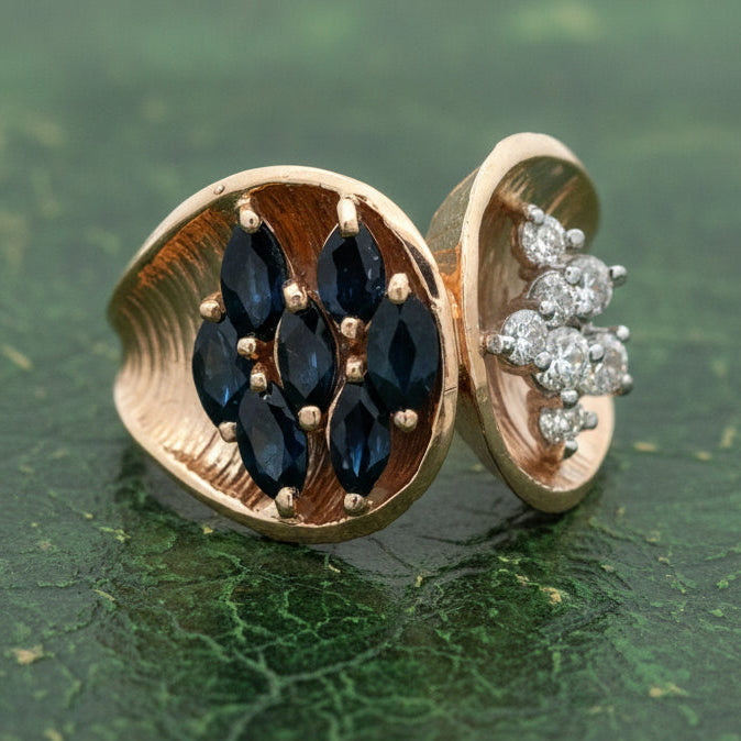 Modern 1960's Diamond and Sapphire 14kt Yellow Gold Ring