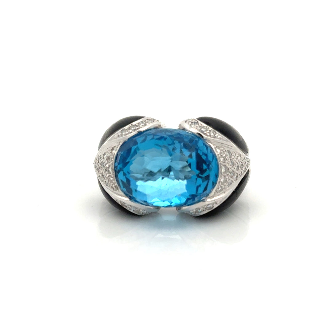 Modern Italian Onyx, Blue Topaz and Diamond 18kt White Gold Ring