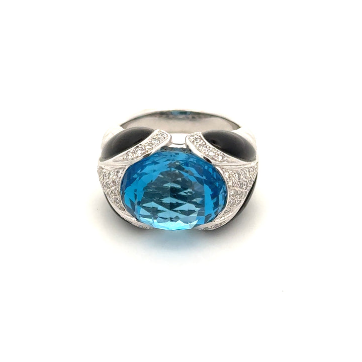 Modern Italian Onyx, Blue Topaz and Diamond 18kt White Gold Ring
