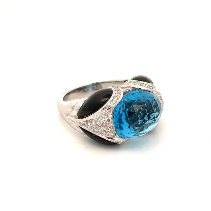 Modern Italian Onyx, Blue Topaz and Diamond 18kt White Gold Ring