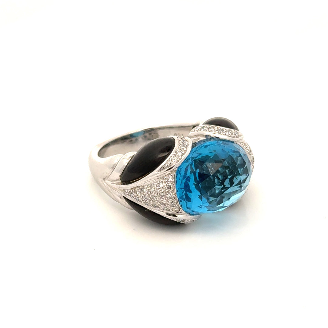 Modern Italian Onyx, Blue Topaz and Diamond 18kt White Gold Ring