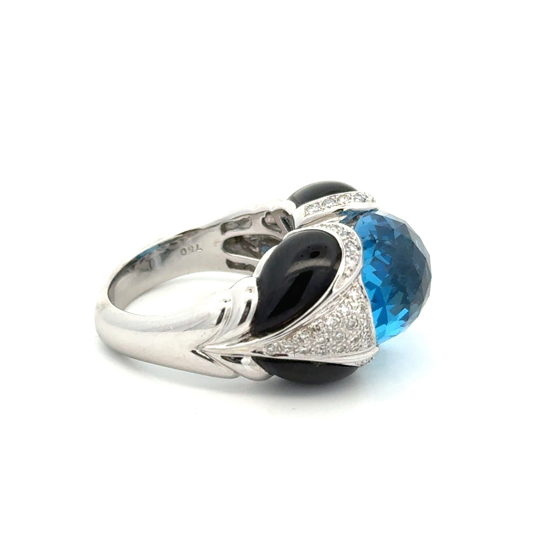 Modern Italian Onyx, Blue Topaz and Diamond 18kt White Gold Ring