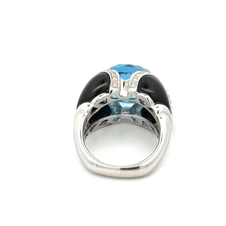 Modern Italian Onyx, Blue Topaz and Diamond 18kt White Gold Ring