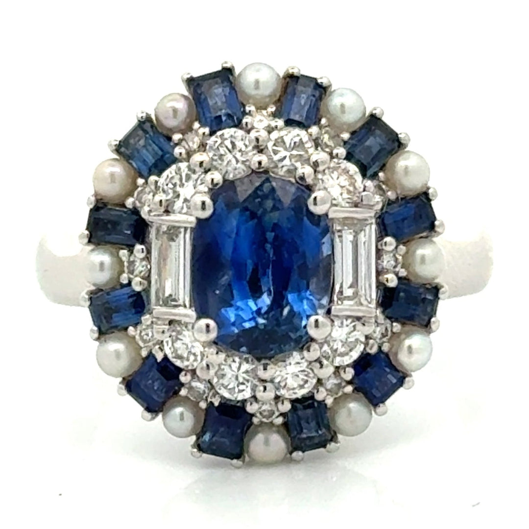 Modern Designer Fine 2.59cttw Sapphire, Diamond, Pearl 18Kt White Gold Ring