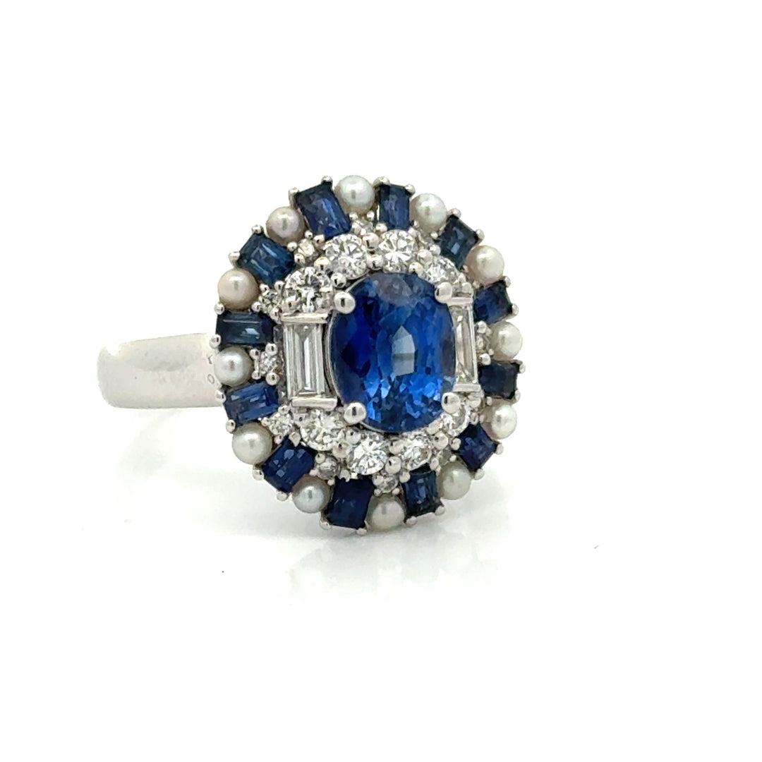 Modern Designer Fine 2.59cttw Sapphire, Diamond, Pearl 18Kt White Gold Ring
